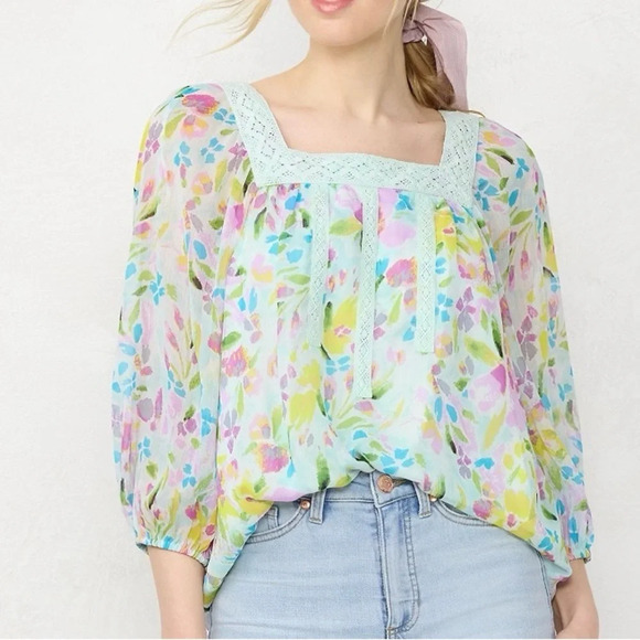LC Lauren Conrad Tops - NWOT Lauren Conrad Square Neck Peasant Top, Blue Grand, Floral Polyester, Size L